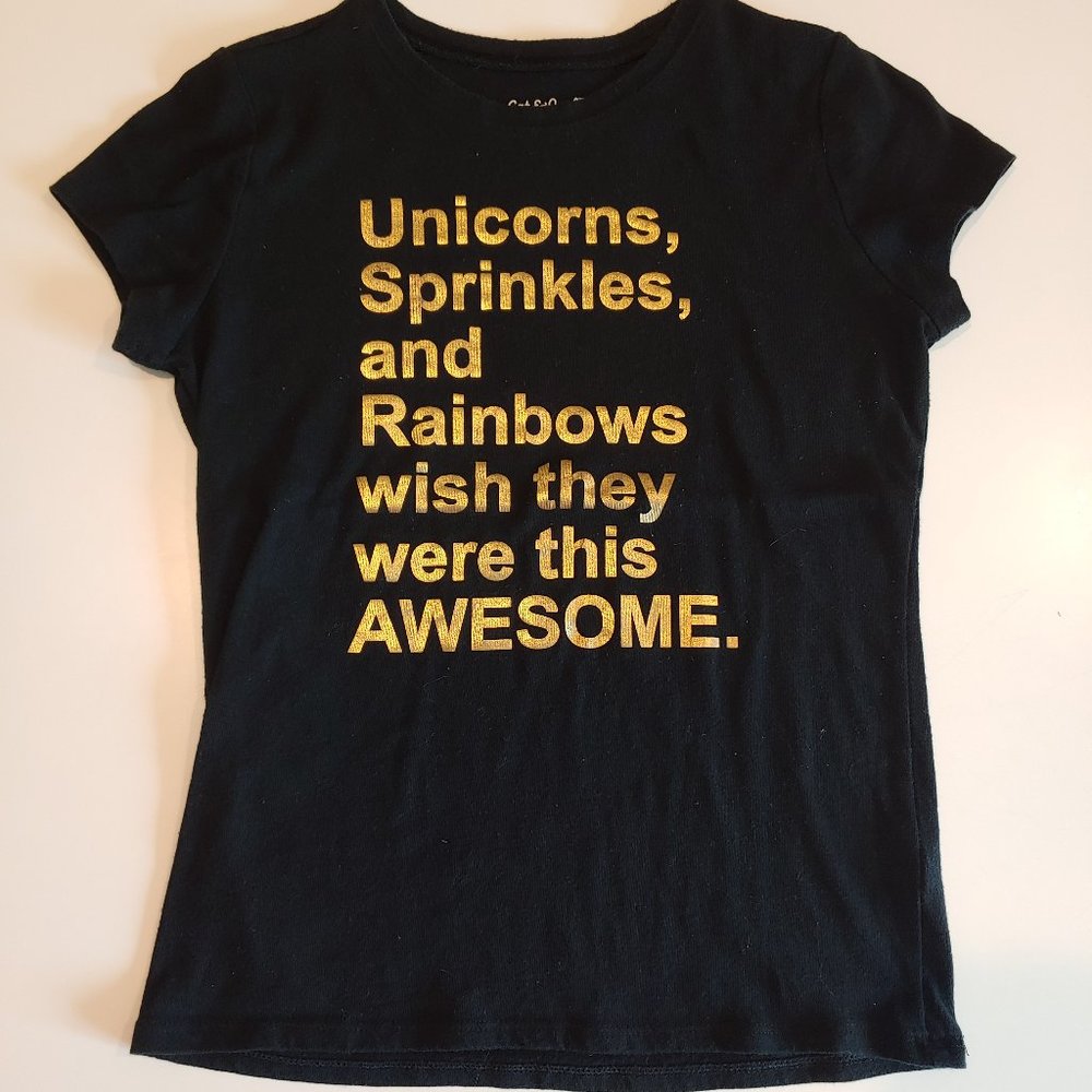 Cat & Jack | Gold Sparkle Lettering on Black Tee | M | Unicorns Sprinkles